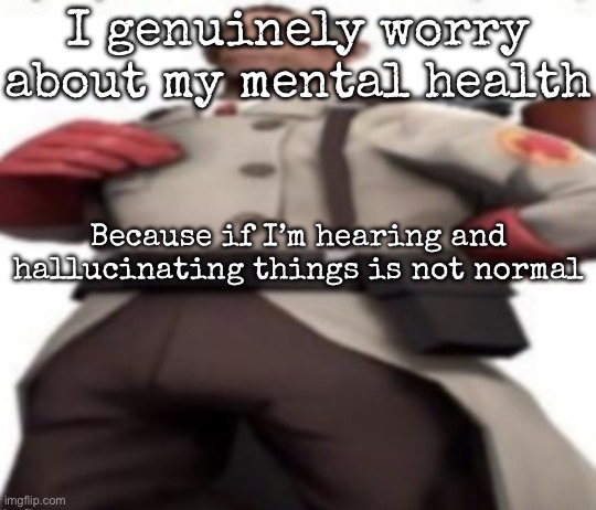 Ze medic | I genuinely worry about my mental health; Because if I’m hearing and hallucinating things is not normal | image tagged in ze medic,msmg | made w/ Imgflip meme maker