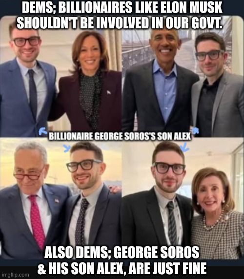 George Soros's son Alex | DEMS; BILLIONAIRES LIKE ELON MUSK SHOULDN'T BE INVOLVED IN OUR GOVT. ALSO DEMS; GEORGE SOROS & HIS SON ALEX, ARE JUST FINE | image tagged in doge,george soros,liberal hypocrisy,elon musk | made w/ Imgflip meme maker