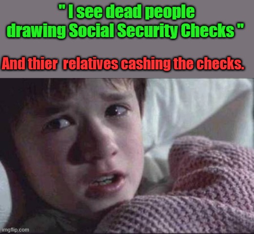 I see SS fraud ,i bet they vote too.. Musk needs to check the NAMES on the SS checks to Names on the voter rolls now. | " I see dead people drawing Social Security Checks "; And thier  relatives cashing the checks. | image tagged in memes,i see dead people | made w/ Imgflip meme maker