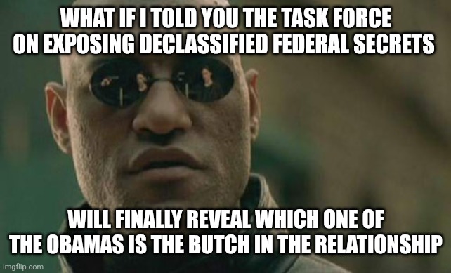 Obama trump luna | WHAT IF I TOLD YOU THE TASK FORCE ON EXPOSING DECLASSIFIED FEDERAL SECRETS; WILL FINALLY REVEAL WHICH ONE OF THE OBAMAS IS THE BUTCH IN THE RELATIONSHIP | image tagged in memes,matrix morpheus | made w/ Imgflip meme maker