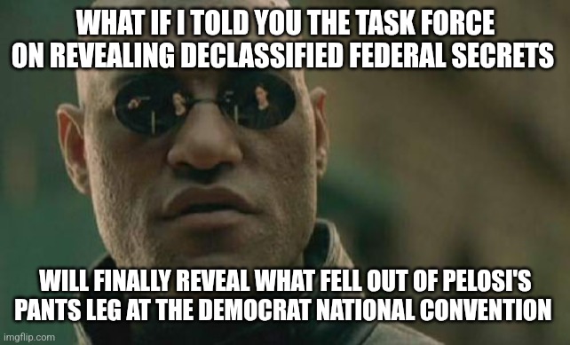 Pelosi | WHAT IF I TOLD YOU THE TASK FORCE ON REVEALING DECLASSIFIED FEDERAL SECRETS; WILL FINALLY REVEAL WHAT FELL OUT OF PELOSI'S PANTS LEG AT THE DEMOCRAT NATIONAL CONVENTION | image tagged in memes,matrix morpheus | made w/ Imgflip meme maker