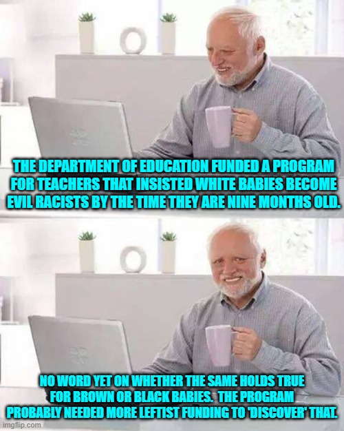 ideologically driven toxicity as far as the eye can see. | THE DEPARTMENT OF EDUCATION FUNDED A PROGRAM FOR TEACHERS THAT INSISTED WHITE BABIES BECOME EVIL RACISTS BY THE TIME THEY ARE NINE MONTHS OLD. NO WORD YET ON WHETHER THE SAME HOLDS TRUE FOR BROWN OR BLACK BABIES.  THE PROGRAM PROBABLY NEEDED MORE LEFTIST FUNDING TO 'DISCOVER' THAT. | image tagged in hide the pain harold | made w/ Imgflip meme maker