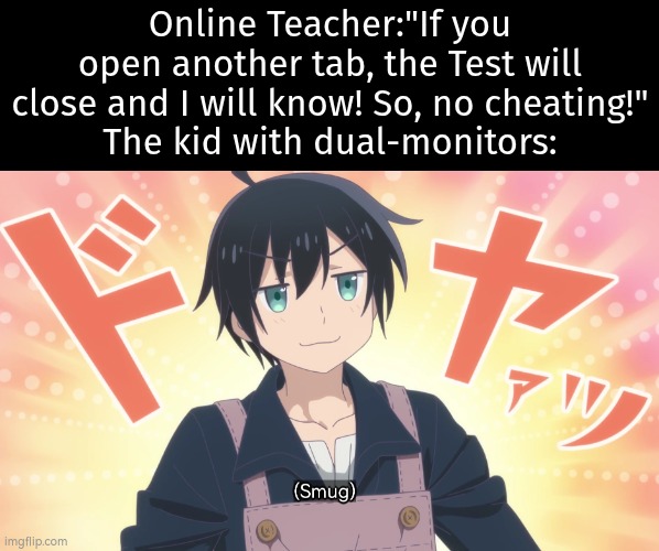 Are you sure about that, Teacher? >:3 | Online Teacher:"If you open another tab, the Test will close and I will know! So, no cheating!"
The kid with dual-monitors: | image tagged in monitor,online school | made w/ Imgflip meme maker