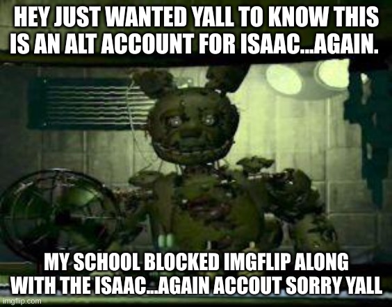 FNAF Springtrap in window | HEY JUST WANTED YALL TO KNOW THIS IS AN ALT ACCOUNT FOR ISAAC...AGAIN. MY SCHOOL BLOCKED IMGFLIP ALONG WITH THE ISAAC...AGAIN ACCOUT SORRY YALL | image tagged in fnaf springtrap in window | made w/ Imgflip meme maker