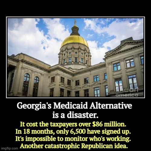 Georgia's Medicaid Alternative 
is a disaster. | It cost the taxpayers over $86 million. 
In 18 months, only 6,500 have signed up. 
It's imp | image tagged in funny,demotivationals,georgia,medicaid,work,disaster | made w/ Imgflip demotivational maker