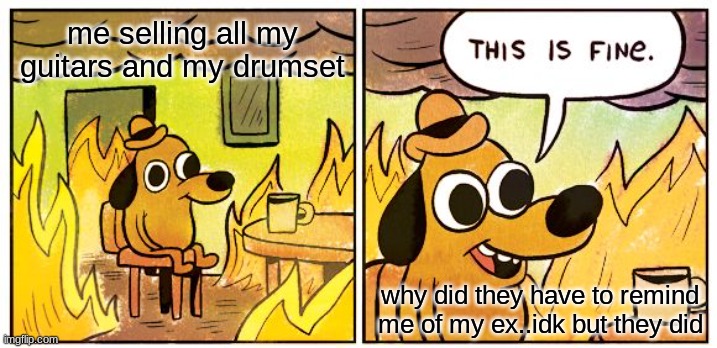 This Is Fine Meme | me selling all my guitars and my drumset; why did they have to remind me of my ex..idk but they did | image tagged in memes,this is fine | made w/ Imgflip meme maker