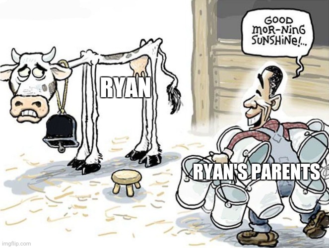 Ryan's World at This Point | RYAN; RYAN'S PARENTS | image tagged in milking the cow | made w/ Imgflip meme maker