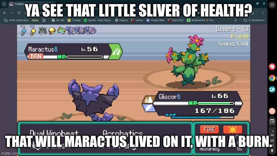 ...how? 1 hp an its burned. (I know because I had tools that show how much hp it had left)) | YA SEE THAT LITTLE SLIVER OF HEALTH? THAT WILL MARACTUS LIVED ON IT, WITH A BURN. | made w/ Imgflip meme maker