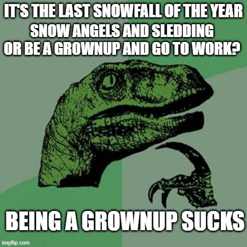 Hard Decisions | IT'S THE LAST SNOWFALL OF THE YEAR; SNOW ANGELS AND SLEDDING OR BE A GROWNUP AND GO TO WORK? BEING A GROWNUP SUCKS | image tagged in memes,philosoraptor,grownup,snow day,work | made w/ Imgflip meme maker