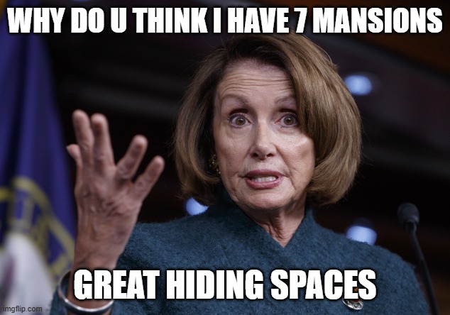 Good old Nancy Pelosi | WHY DO U THINK I HAVE 7 MANSIONS GREAT HIDING SPACES | image tagged in good old nancy pelosi | made w/ Imgflip meme maker