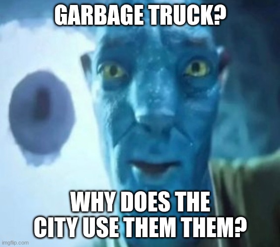 Avatar guy | GARBAGE TRUCK? WHY DOES THE CITY USE THEM THEM? | image tagged in avatar guy | made w/ Imgflip meme maker