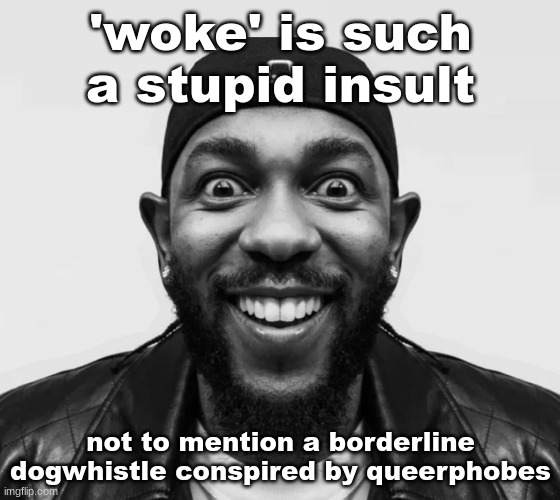 K-Dot Glorious King | 'woke' is such a stupid insult; not to mention a borderline dogwhistle conspired by queerphobes | image tagged in k-dot glorious king | made w/ Imgflip meme maker