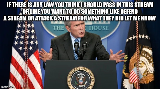 george w bush | IF THERE IS ANY LAW YOU THINK I SHOULD PASS IN THIS STREAM
OR LIKE YOU WANT TO DO SOMETHING LIKE DEFEND A STREAM OR ATTACK A STREAM FOR WHAT THEY DID LET ME KNOW | image tagged in george w bush | made w/ Imgflip meme maker