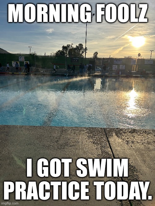 Morning, foolz. | MORNING FOOLZ; I GOT SWIM PRACTICE TODAY. | image tagged in swimming,swimming pool | made w/ Imgflip meme maker