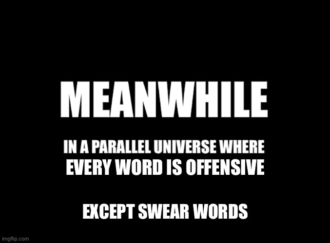 Meanwhile in a parallel universe | EVERY WORD IS OFFENSIVE EXCEPT SWEAR WORDS | image tagged in meanwhile in a parallel universe | made w/ Imgflip meme maker