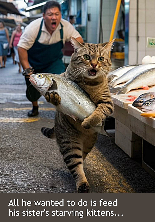 Les Misérables of Catdom | All he wanted to do is feed his sister's starving kittens... | image tagged in memes,cats | made w/ Imgflip meme maker