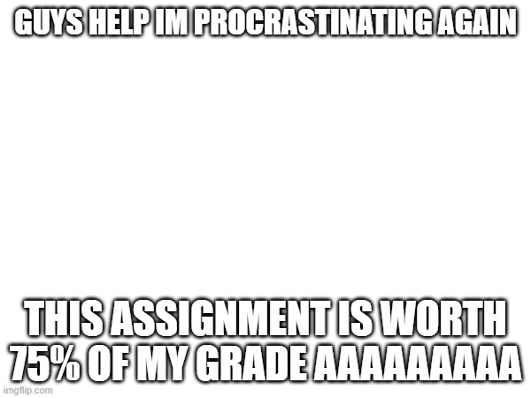 GUYS HELP IM PROCRASTINATING AGAIN; THIS ASSIGNMENT IS WORTH 75% OF MY GRADE AAAAAAAAA | image tagged in funny | made w/ Imgflip meme maker