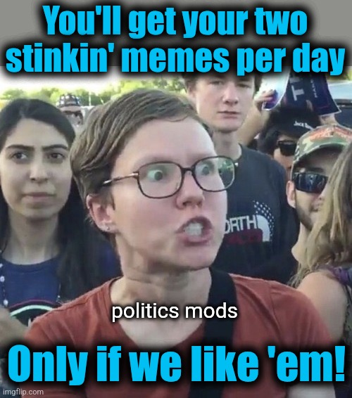 You'll get your two
stinkin' memes per day Only if we like 'em! politics mods | image tagged in triggered feminist | made w/ Imgflip meme maker