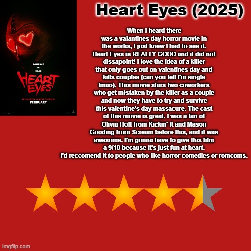 Heart Eyes (2025) Spoiler Free Review | Heart Eyes (2025); When I heard there was a valantines day horror movie in the works, I just knew I had to see it. Heart Eyes is REALLY GOOD and it did not dissapoint! I love the idea of a killer that only goes out on valentines day and kills couples (can you tell I'm single lmao). This movie stars two coworkers who get mistaken by the killer as a couple and now they have to try and survive this valentine's day massacure. The cast of this movie is great. I was a fan of Olivia Holt from Kickin' It and Mason Gooding from Scream before this, and it was awesome. I'm gonna have to give this film a 9/10 because it's just fun at heart. I'd reccomend it to people who like horror comedies or romcoms. | image tagged in memes,blank transparent square | made w/ Imgflip meme maker