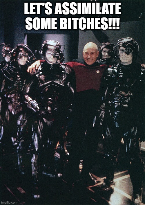 Assimilation is Cool | LET'S ASSIMILATE SOME BITCHES!!! | image tagged in star trek captain picard and borg drones | made w/ Imgflip meme maker