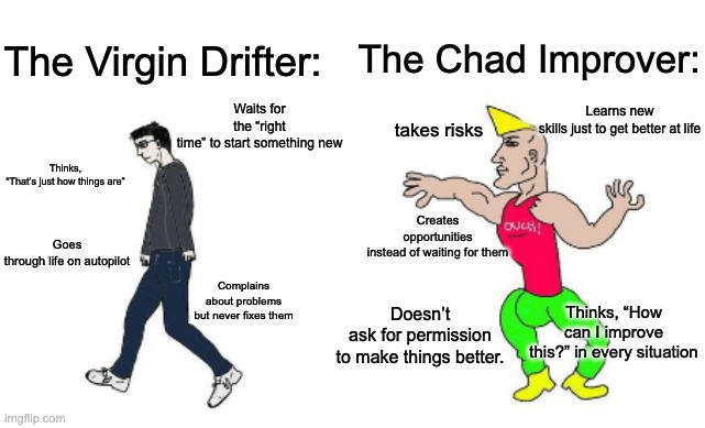 The Chad Improver | The Chad Improver:; The Virgin Drifter:; Waits for the “right time” to start something new; Learns new skills just to get better at life; takes risks; Thinks, “That’s just how things are”; Creates opportunities instead of waiting for them; Goes through life on autopilot; Thinks, “How can I improve this?” in every situation; Complains about problems but never fixes them; Doesn’t ask for permission to make things better. | image tagged in virgin vs chad | made w/ Imgflip meme maker