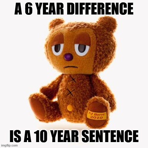 Pj plush | A 6 YEAR DIFFERENCE; IS A 10 YEAR SENTENCE | image tagged in pj plush | made w/ Imgflip meme maker