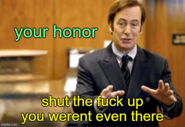 Saul Goodman defending | your honor shut the fuck up you werent even there | image tagged in saul goodman defending | made w/ Imgflip meme maker
