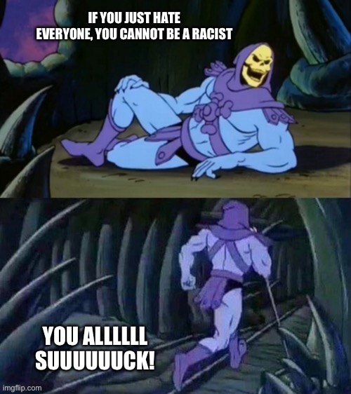 skeletor hates everyone | IF YOU JUST HATE EVERYONE, YOU CANNOT BE A RACIST; YOU ALLLLLL SUUUUUUCK! | image tagged in skeletor disturbing facts | made w/ Imgflip meme maker