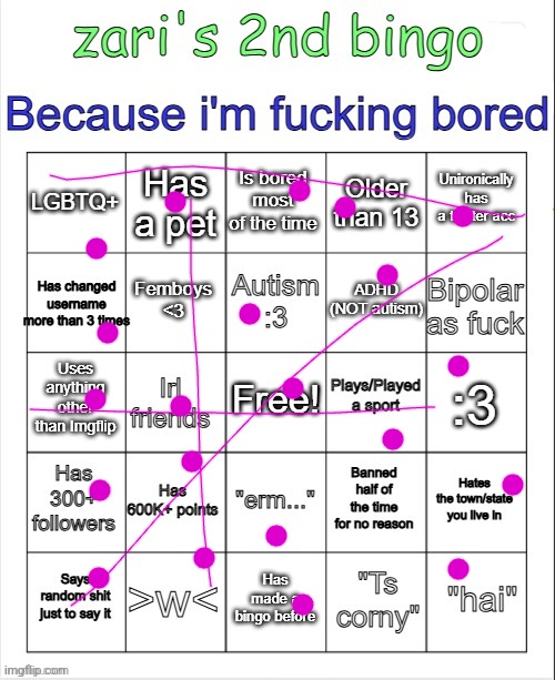 did the bingo because bored im fucking | image tagged in zari's 2nd bingo | made w/ Imgflip meme maker