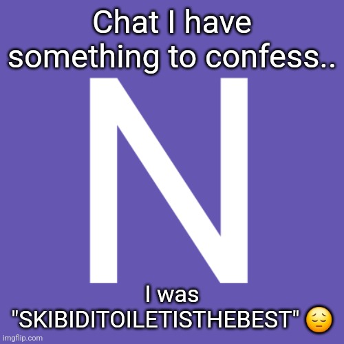 N | Chat I have something to confess.. I was "SKIBIDITOILETISTHEBEST" 😔 | image tagged in n | made w/ Imgflip meme maker