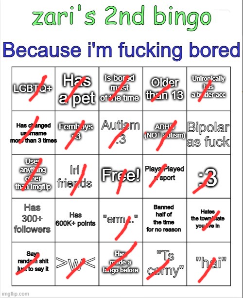 zari's 2nd bingo | image tagged in zari's 2nd bingo | made w/ Imgflip meme maker