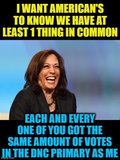 nuthin from nuthin leaves nuthin...Zero Votes Given | I WANT AMERICAN'S TO KNOW WE HAVE AT LEAST 1 THING IN COMMON; EACH AND EVERY ONE OF YOU GOT THE SAME AMOUNT OF VOTES IN THE DNC PRIMARY AS ME | image tagged in kamala harris laughing,zero,puppet,corruption | made w/ Imgflip meme maker