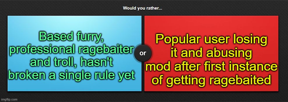 . | Based furry, professional ragebaiter and troll, hasn't broken a single rule yet; Popular user losing it and abusing mod after first instance of getting ragebaited | image tagged in would you rather | made w/ Imgflip meme maker