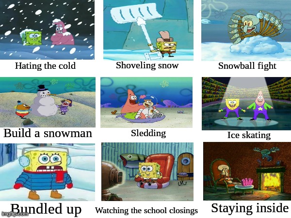 Types of people during winter | Shoveling snow; Hating the cold; Snowball fight; Build a snowman; Ice skating; Sledding; Staying inside; Bundled up; Watching the school closings | image tagged in memes,funny,spongebob,winter,relatable | made w/ Imgflip meme maker