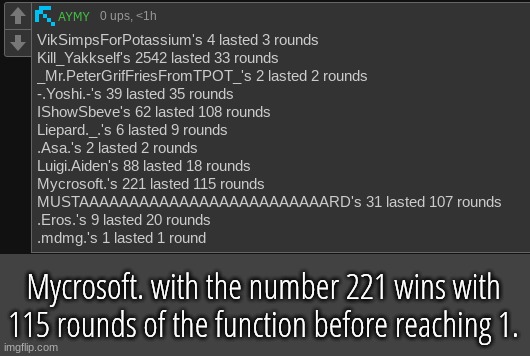 congratulations you win absolutely fucking nothing | Mycrosoft. with the number 221 wins with 115 rounds of the function before reaching 1. | made w/ Imgflip meme maker
