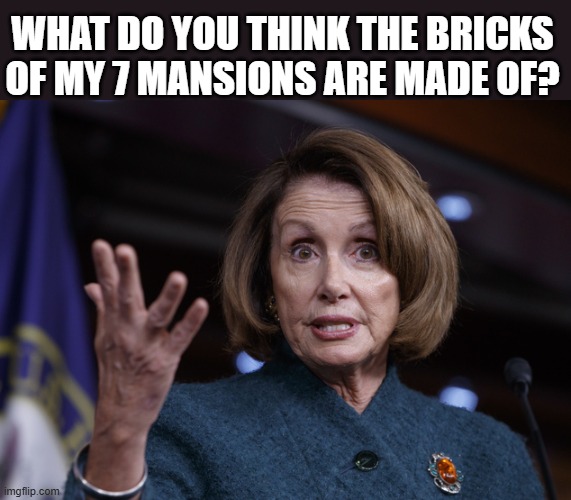 Good old Nancy Pelosi | WHAT DO YOU THINK THE BRICKS OF MY 7 MANSIONS ARE MADE OF? | image tagged in good old nancy pelosi | made w/ Imgflip meme maker