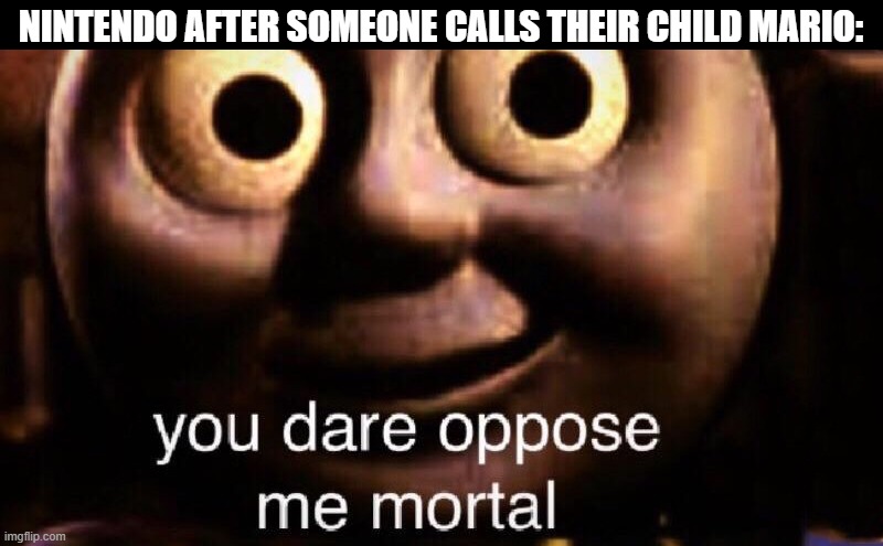 You dare oppose me mortal | NINTENDO AFTER SOMEONE CALLS THEIR CHILD MARIO: | image tagged in you dare oppose me mortal,memes | made w/ Imgflip meme maker