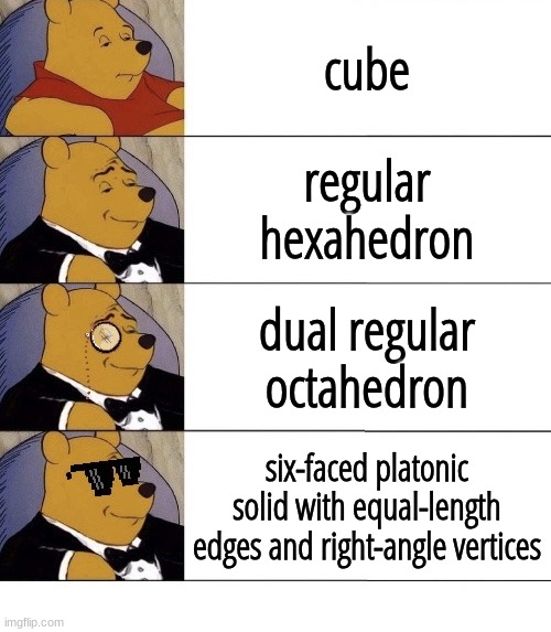 Winnie the Pooh v.21 | cube; regular hexahedron; dual regular octahedron; six-faced platonic solid with equal-length edges and right-angle vertices | image tagged in winnie the pooh v 21 | made w/ Imgflip meme maker