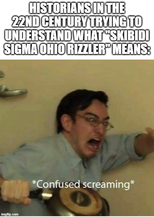 confused screaming | HISTORIANS IN THE 22ND CENTURY TRYING TO UNDERSTAND WHAT "SKIBIDI SIGMA OHIO RIZZLER" MEANS: | image tagged in confused screaming,memes | made w/ Imgflip meme maker