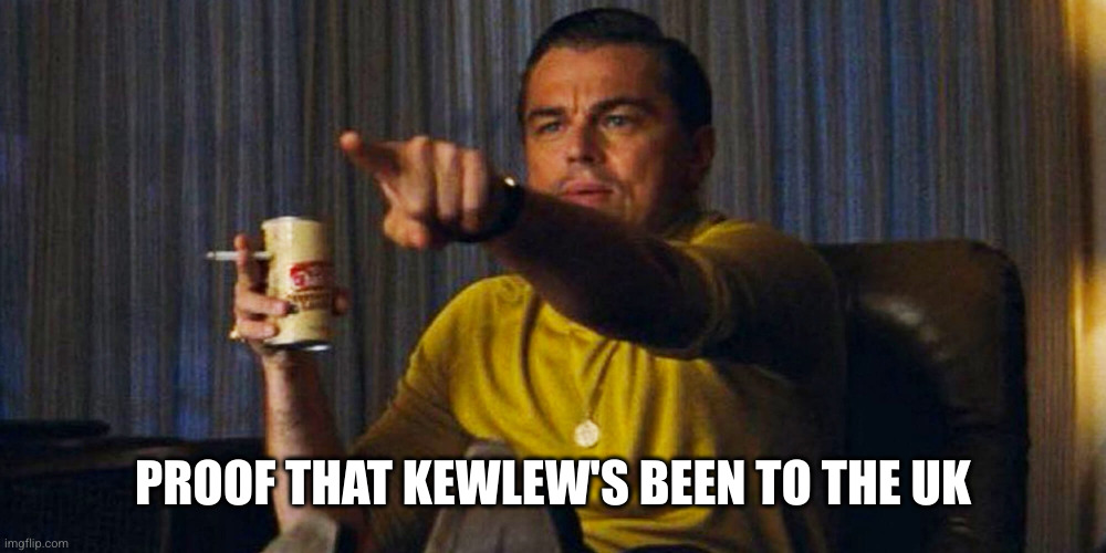 Leo pointing | PROOF THAT KEWLEW'S BEEN TO THE UK | image tagged in leo pointing | made w/ Imgflip meme maker