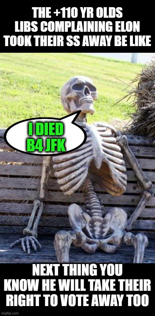 There is 1 person older than 110 in the USA ALIVE, she lives in PA | THE +110 YR OLDS LIBS COMPLAINING ELON TOOK THEIR SS AWAY BE LIKE; I DIED B4 JFK; NEXT THING YOU KNOW HE WILL TAKE THEIR RIGHT TO VOTE AWAY TOO | image tagged in memes,waiting skeleton,corruption,fraud | made w/ Imgflip meme maker