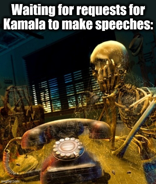 Skeleton waiting for dusty phone to ring | Waiting for requests for
Kamala to make speeches: | image tagged in skeleton waiting for dusty phone to ring | made w/ Imgflip meme maker