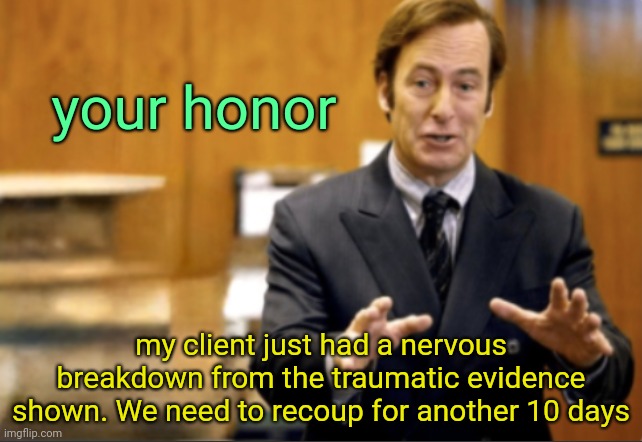 Diddys lawyers be like | your honor; my client just had a nervous breakdown from the traumatic evidence shown. We need to recoup for another 10 days | image tagged in saul goodman defending | made w/ Imgflip meme maker