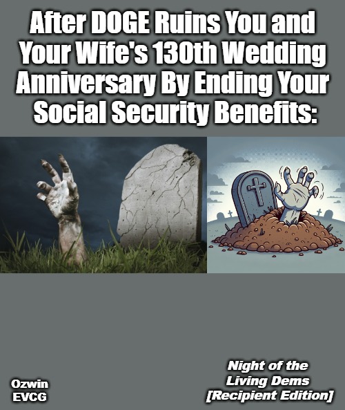 Night of the Living Dems [Recipient Edition] | After DOGE Ruins You and 

Your Wife's 130th Wedding 

Anniversary By Ending Your 

Social Security Benefits:; Ozwin

EVCG; Night of the 

Living Dems 

[Recipient Edition] | image tagged in doge,taxes,audits,social security,government corruption,life in 2020s | made w/ Imgflip meme maker