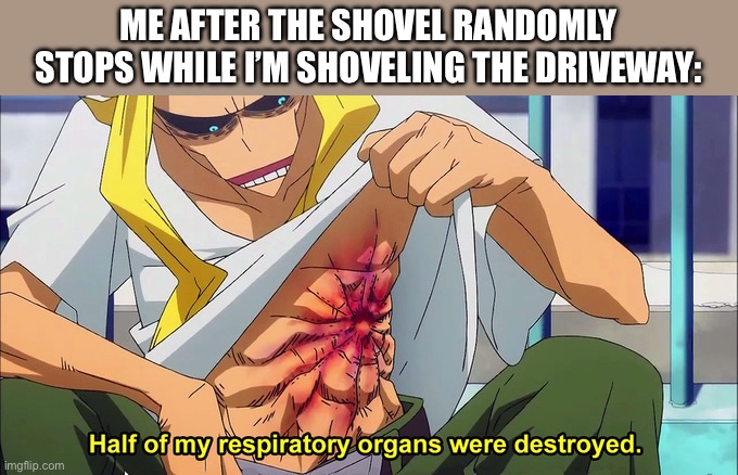 All might is so real | ME AFTER THE SHOVEL RANDOMLY STOPS WHILE I’M SHOVELING THE DRIVEWAY: | image tagged in half of my respiratory organs were destroyed | made w/ Imgflip meme maker