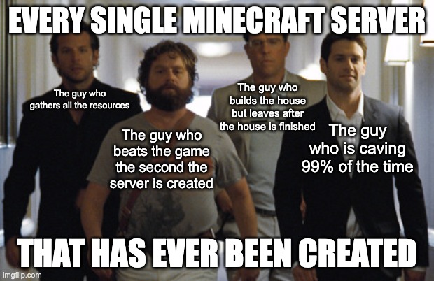 Every single Minecraft server ever | EVERY SINGLE MINECRAFT SERVER; The guy who gathers all the resources; The guy who builds the house but leaves after the house is finished; The guy who is caving 99% of the time; The guy who beats the game the second the server is created; THAT HAS EVER BEEN CREATED | image tagged in group project | made w/ Imgflip meme maker