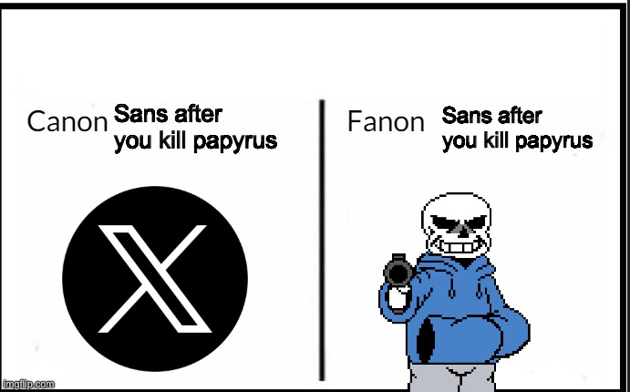 He’s just aggressive on the phone | Sans after you kill papyrus; Sans after you kill papyrus | image tagged in canon vs fanon characters | made w/ Imgflip meme maker