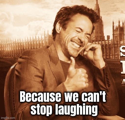 laughing | Because we can't
 stop laughing | image tagged in laughing | made w/ Imgflip meme maker