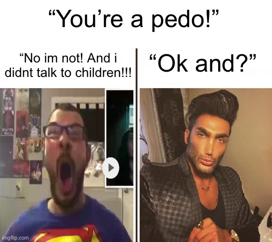 Average Fan vs Average Enjoyer | “You’re a pedo!”; “No im not! And i didnt talk to children!!! “Ok and?” | image tagged in average fan vs average enjoyer | made w/ Imgflip meme maker