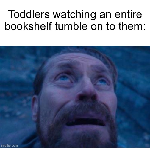 Willem Dafoe looking up | Toddlers watching an entire bookshelf tumble on to them: | image tagged in willem dafoe looking up | made w/ Imgflip meme maker